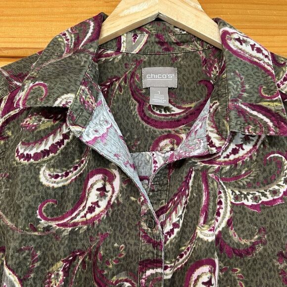 Chicos Paisley Corduroy Shirt Button Down Green Long Sleeve Size 1 Medium - Picture 2 of 4